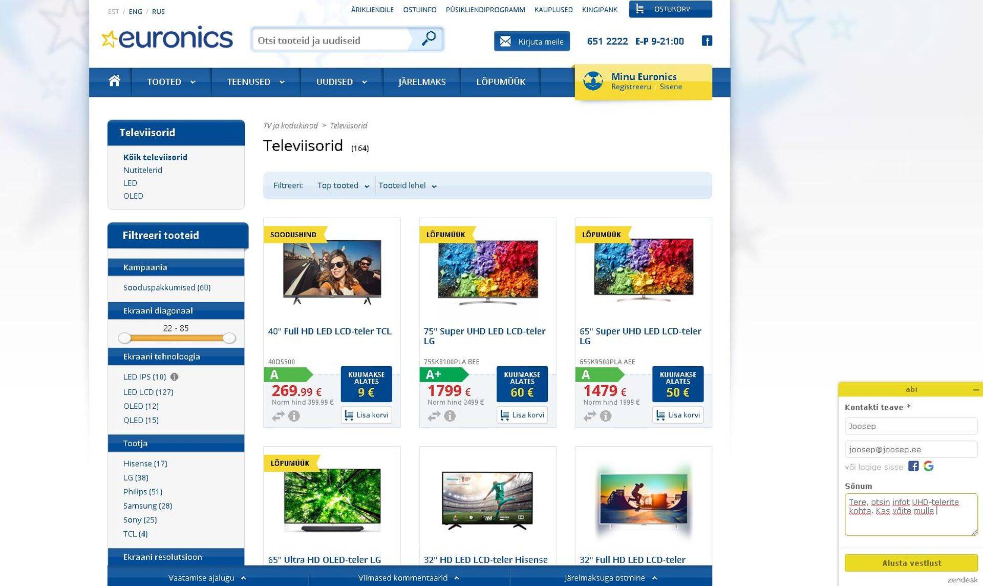 Euronicsi veebis tekib Zendeski vestluse ken alla paremasse ekraaninurka.