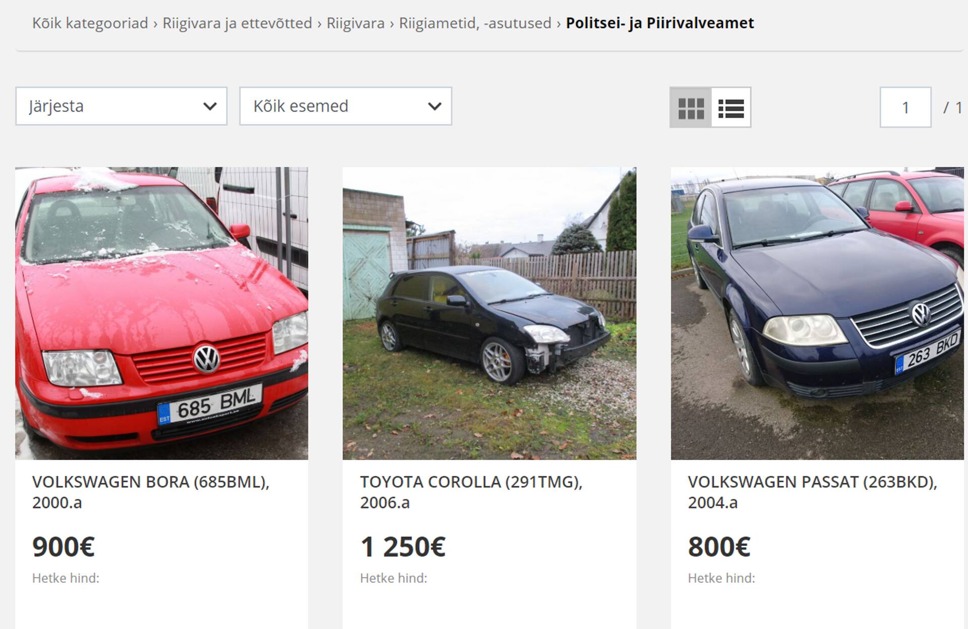 Politsei- ja Piirivalveameti oksjonile pandud autod osta.ee keskkonnas.