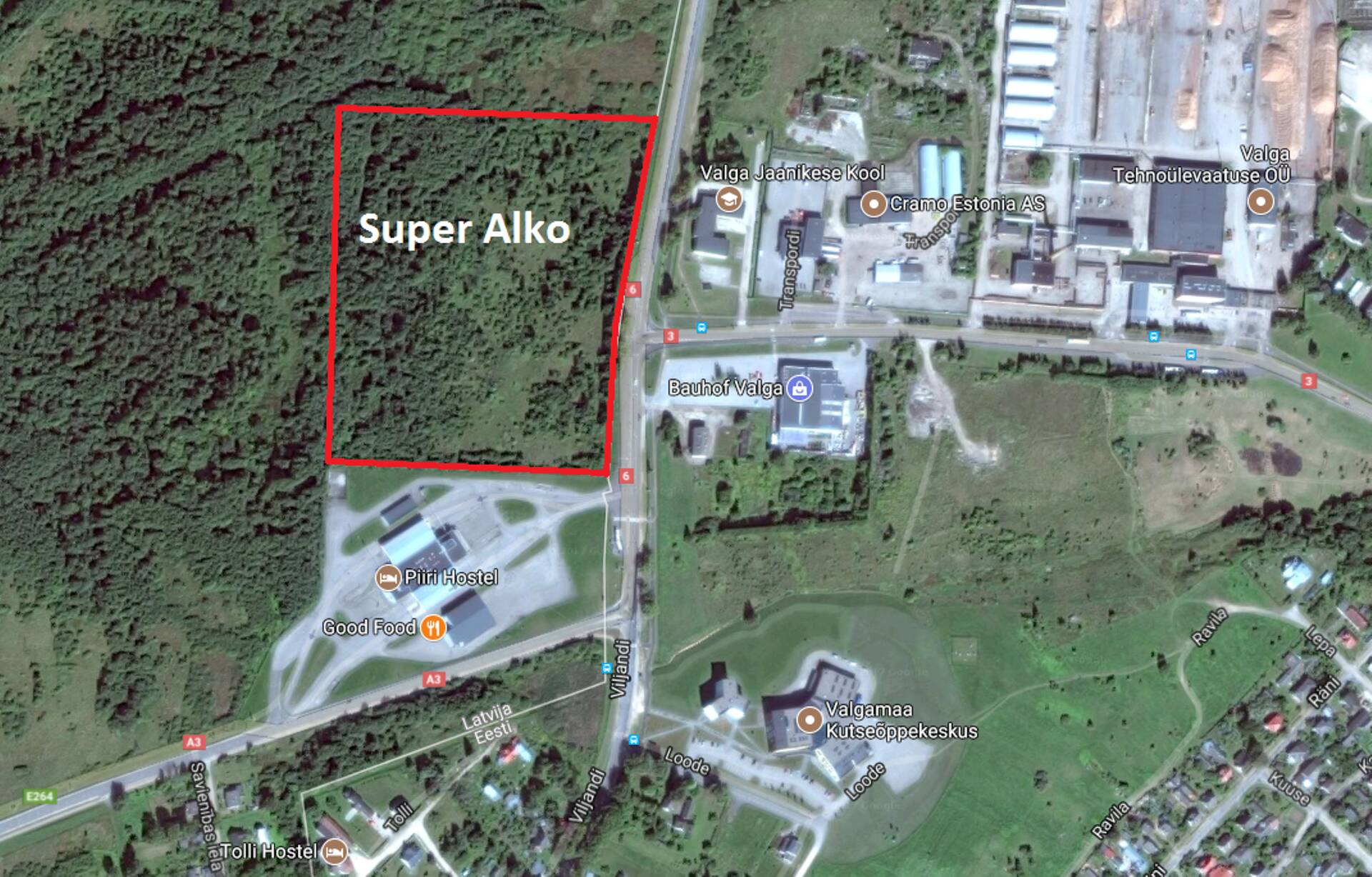 Kinnistu Valkas Eesti-Läti piiri peal, kuhu kavandatakse uut alkoholipoodi.