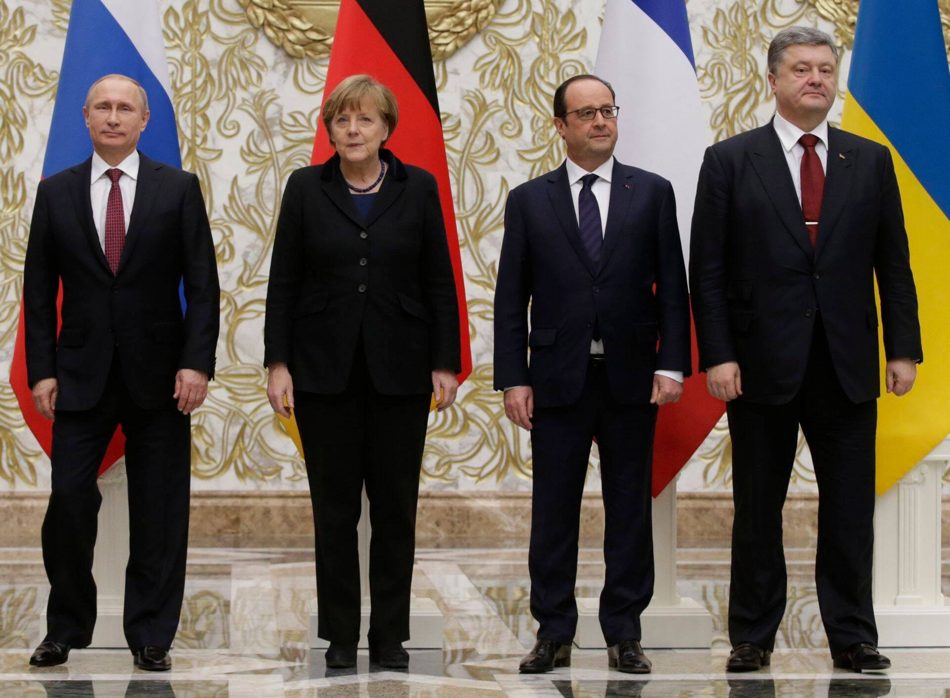 Minski tippkohtumine (vasakult): Vladimir Putin, Angela Merkel, Francois Hollande ja Petro Porošenko.