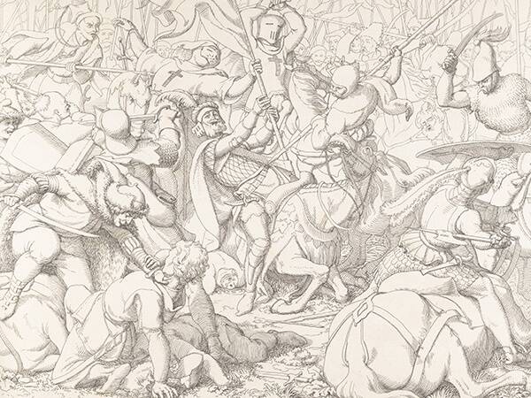 Raskerelvastuses rüütlite kõrval osalesid lahingus ka nende kergemalt relvastatud sõjasulased. © Friedrich Ludwig von Maydell / Eesti ajaloomujuseum