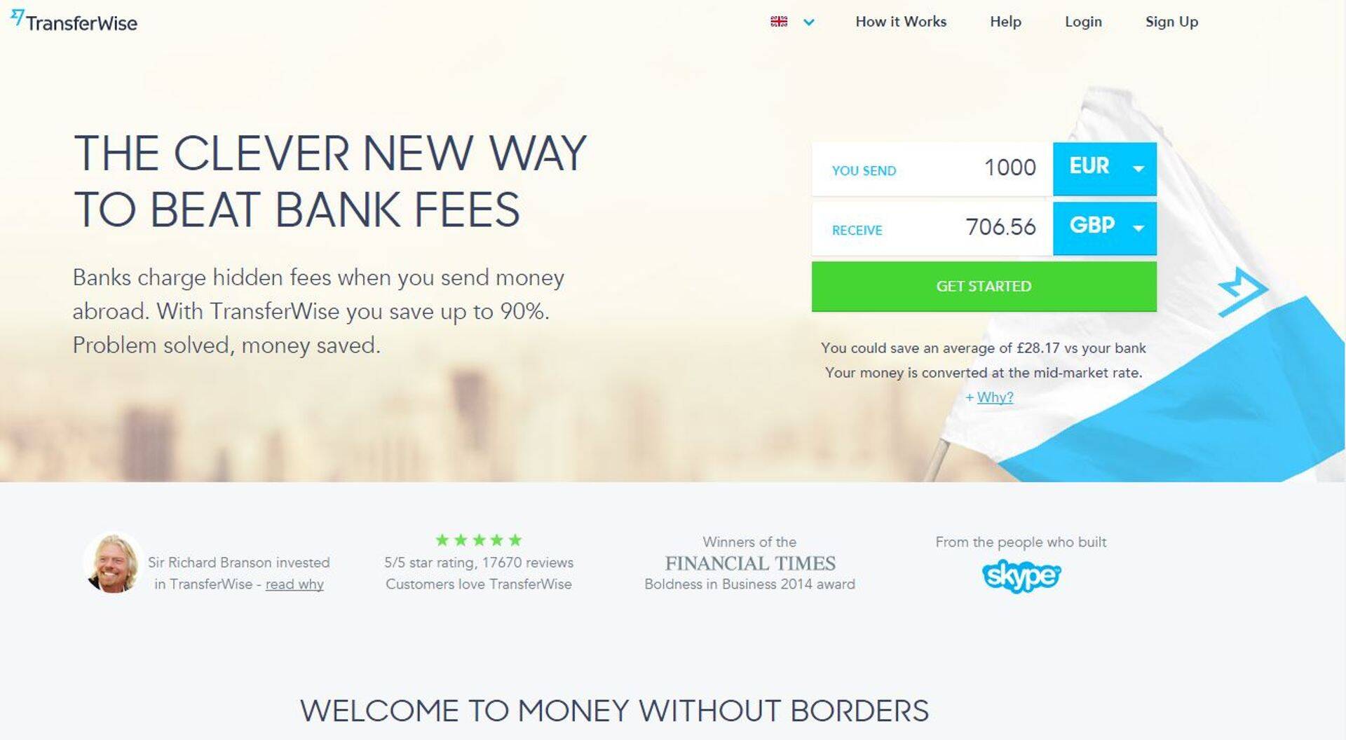 TransferWise'i kodulehekülje kuvatõmmis.