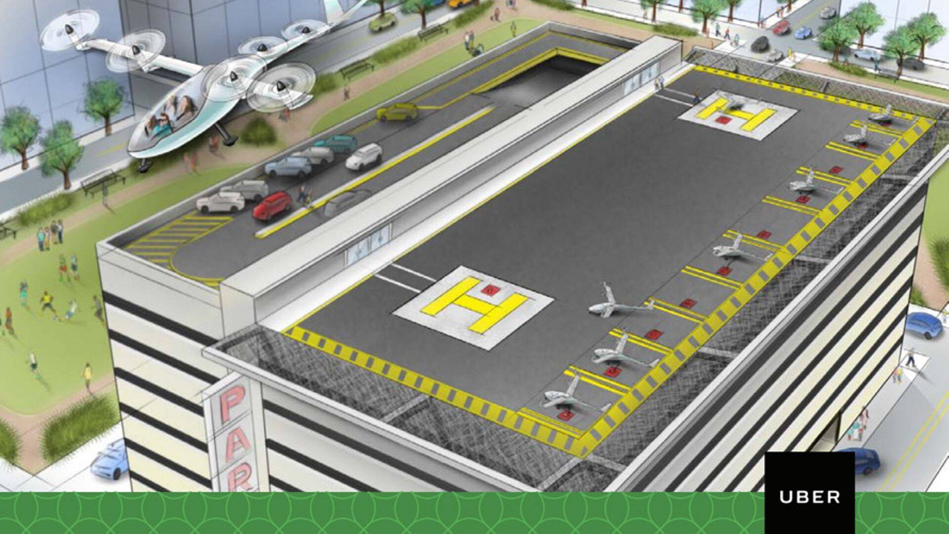 Uberi illustratsioon lendavatest autodest.