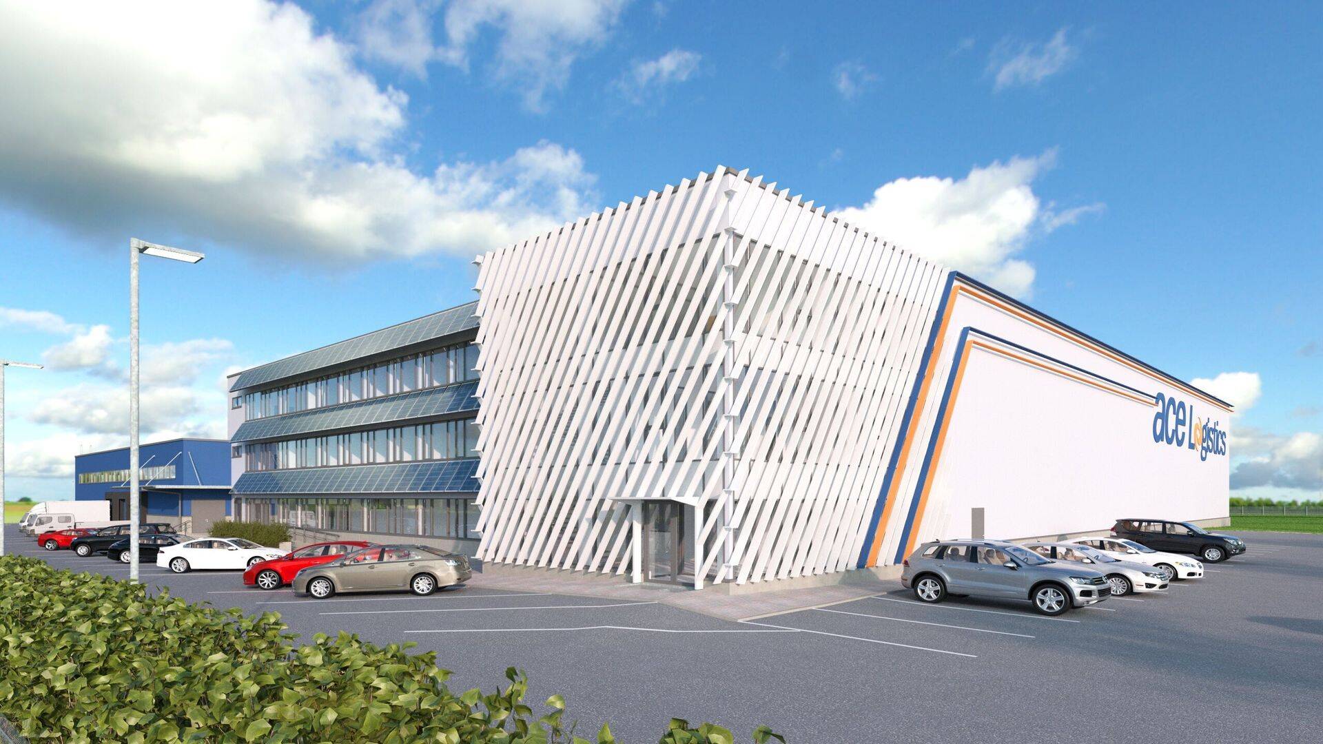 Diagonaalselt ning omavahel paralleelselt paiknevad päikesevarjestuse lamellid hoone fassaadil aitavad kaasa energiatõhususe tõstmisele.