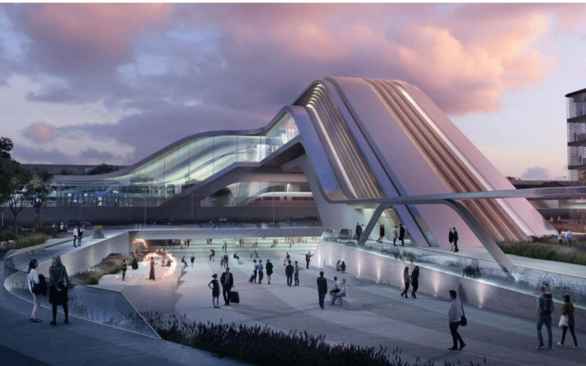 Эскиз Zaha Hadid Architects и Esplan под названием Light Stream, победителей архитектурного конкурса на проектирование пассажирского терминала Rail Baltic в Юлемисте