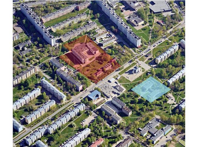 Улица Мыйза в Нарве. Красным цветом обозначена территория будущей новой школы, на которой будут снесены здание закрытой Солдинаской гимназии и бывший садик из трех корпусов. Голубым цветом обозначено здание закрытого детсада «Золотая рыбка», который город пытается продать.