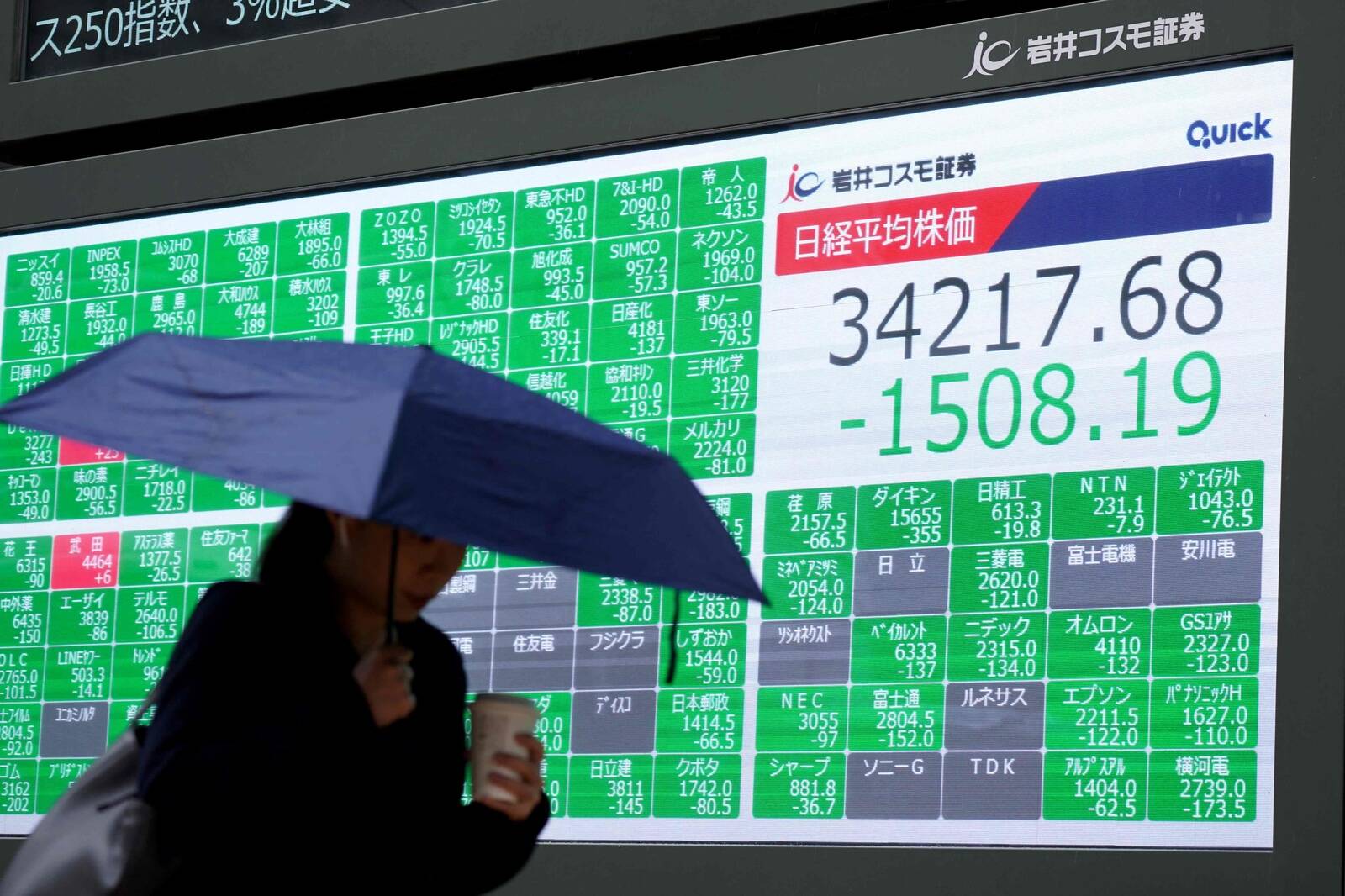 Люди проходят мимо электронного табло, показывающего цены на японские акции. Токио, 3 апреля.