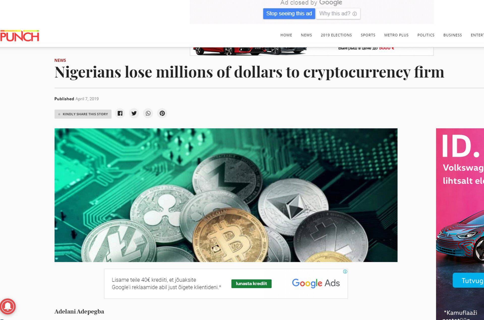 Lugu Nigeeria lehes süüdistab Eesti firmat nigeerlastelt miljonite dollarite ulatuses krüptoraha väljapetmises.