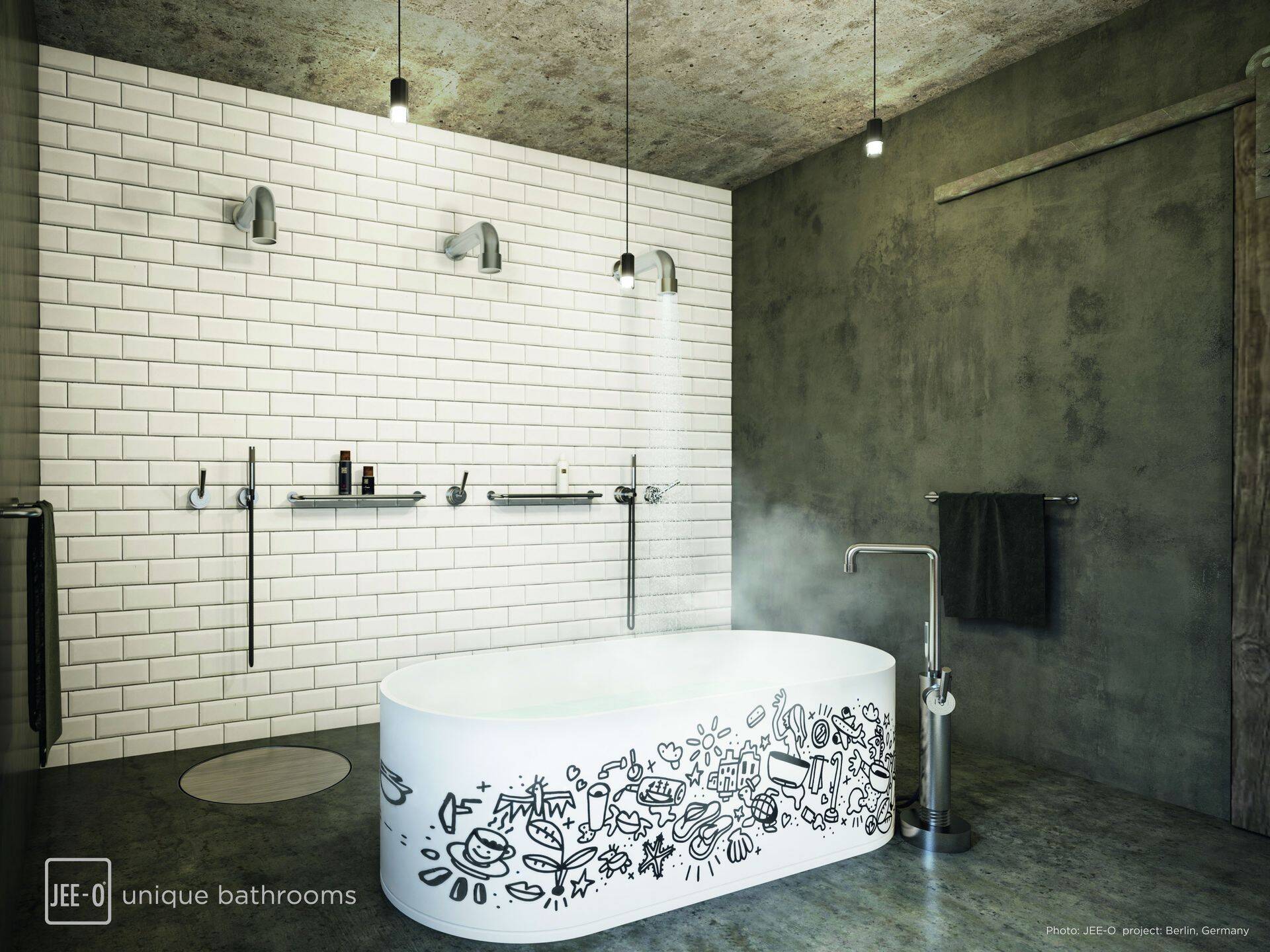 Isutekitav vannituba Hollandi brändilt JEE-O: oluline kujunduselement on eraldiseisev vann, millega on kunst ruumi toodud, ning põrandakinnitusega vannisegisti.