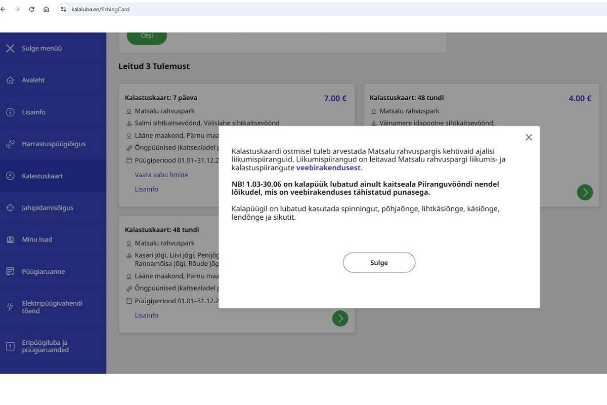 Kalastuskaarte Matsalu rahvuspargi territooriumi veekogudele on kõige lihtsam osta portaalist kalaluba.ee.