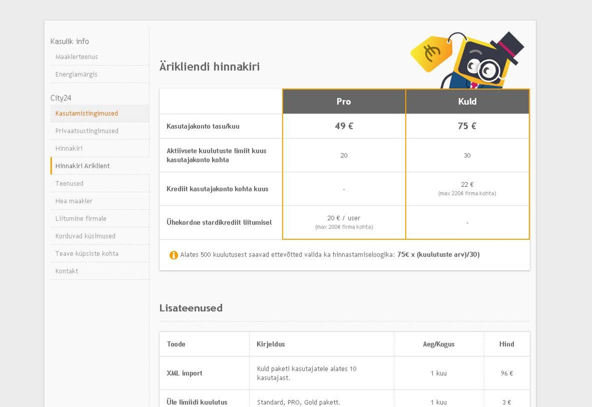 Portaali city24.ee hinnakiri ärikliendile.