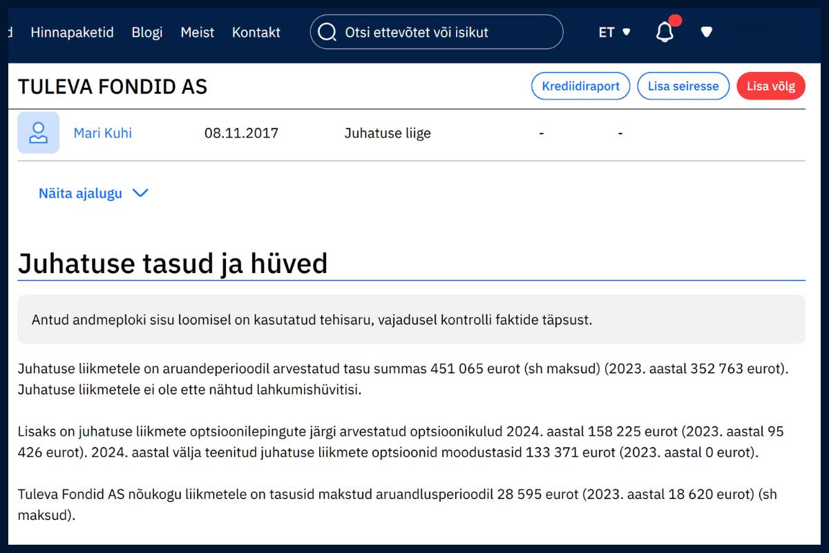Kuvatõmmis “Juhatuse tasud ja hüved