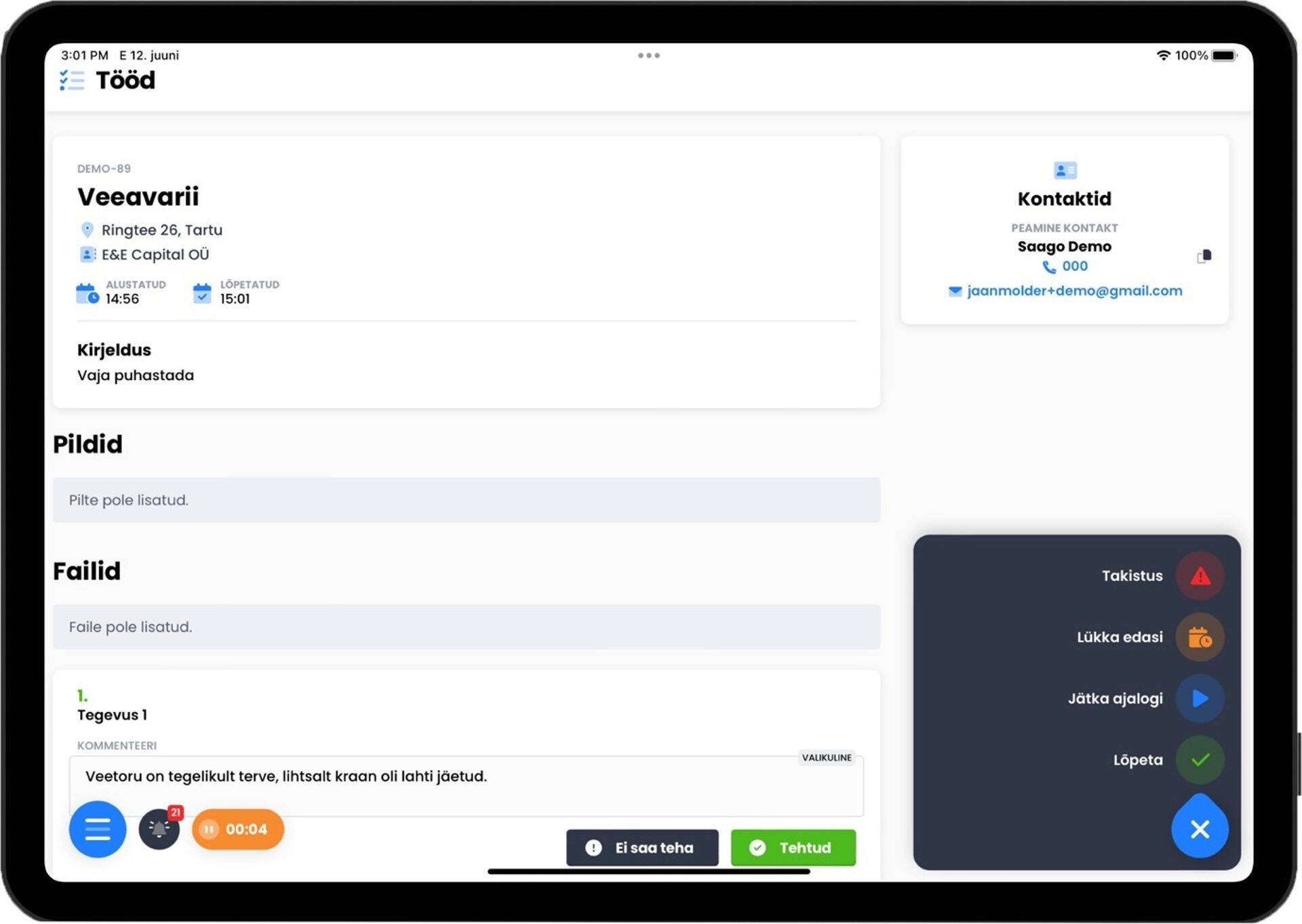 Tehnik saab oma tööülesande täita telefonis või tahvlis ja sisestatud info jõuab reaalajas raamatupidamise töölauale.