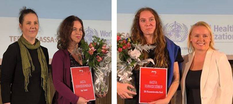 Age Tamm ja SA Kiusamisvaba Kool koolide mentor Agnes Alajõe koos terviseedenduse ühingu esindajatega.