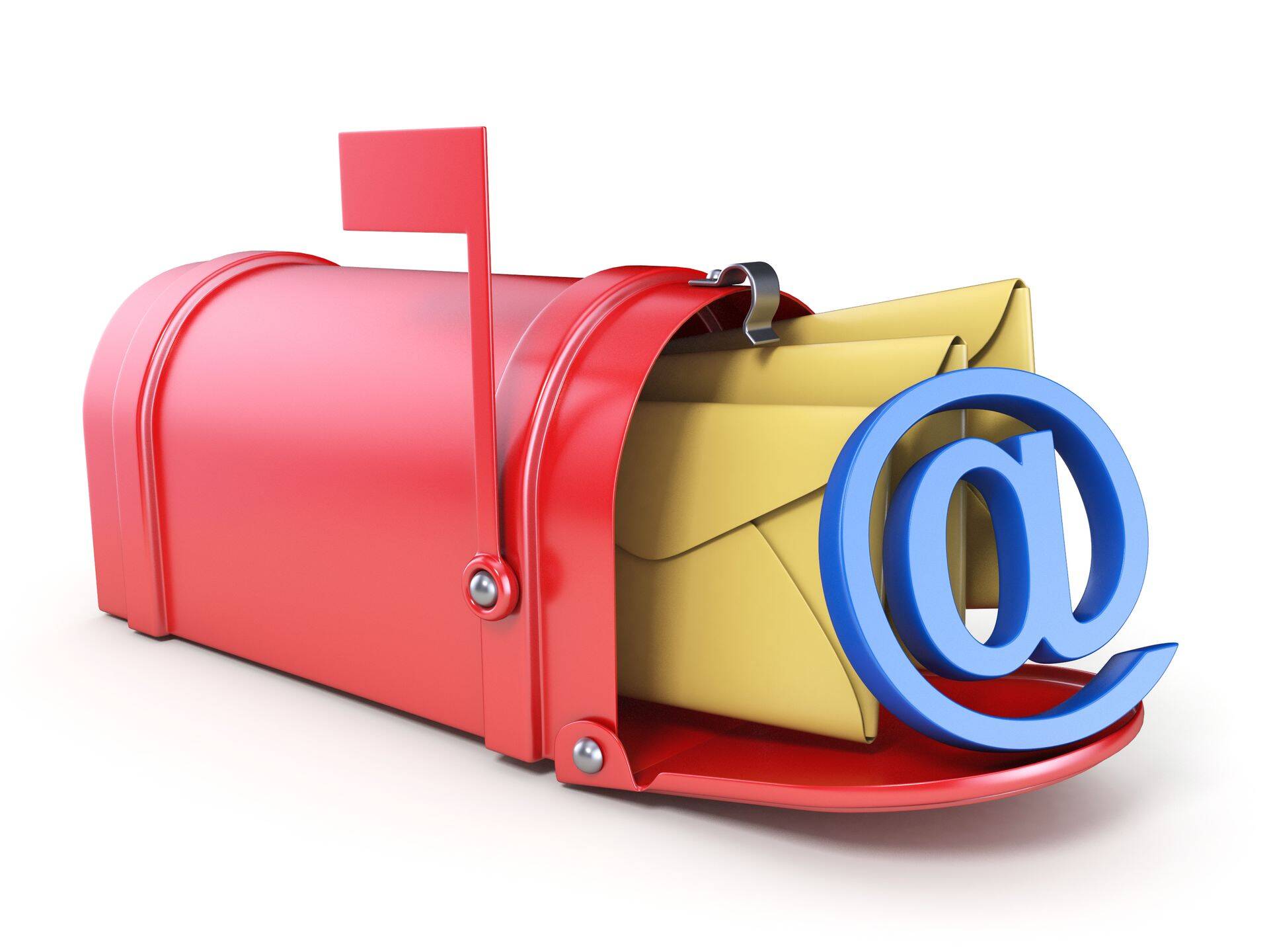 Red mailbox, two yellow envelope and blue AT sign 3D