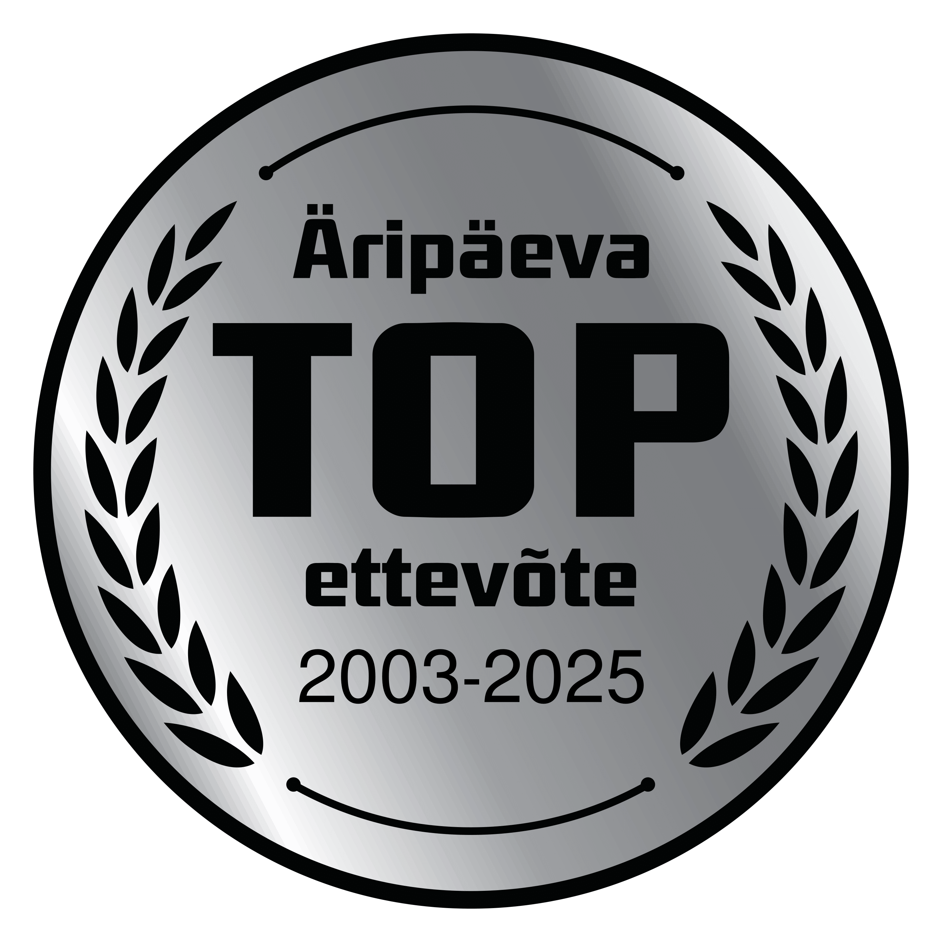 <p><strong>&Auml;rip&auml;eva TOP ettev&otilde;te 23 aastat j&auml;rjest</strong></p>
<p>M&auml;rgis t&auml;hendab, et ettev&otilde;te on oma valdkonna absoluutne tipp. J&auml;rjepidev TOPi kuulumine n&auml;itab, et ettev&otilde;te areneb pidevalt, on j&auml;tkusuutlik ja usaldusv&auml;&auml;rne. Selliste ettev&otilde;tete eesotsas on Eesti parimad juhid ja neis t&ouml;&ouml;tavad k&otilde;ige s&auml;ravamad talendid.</p>
<p>&Auml;rip&auml;ev on koostanud TOP edetabeleid juba aastast 1993. <strong>&Auml;rip&auml;eva TOP ettev&otilde;te 20-24 aastat j&auml;rjest</strong> eksklusiivsesse klubisse kuulub vaid <strong>0,02%</strong> Eesti ettev&otilde;tetest.</p>