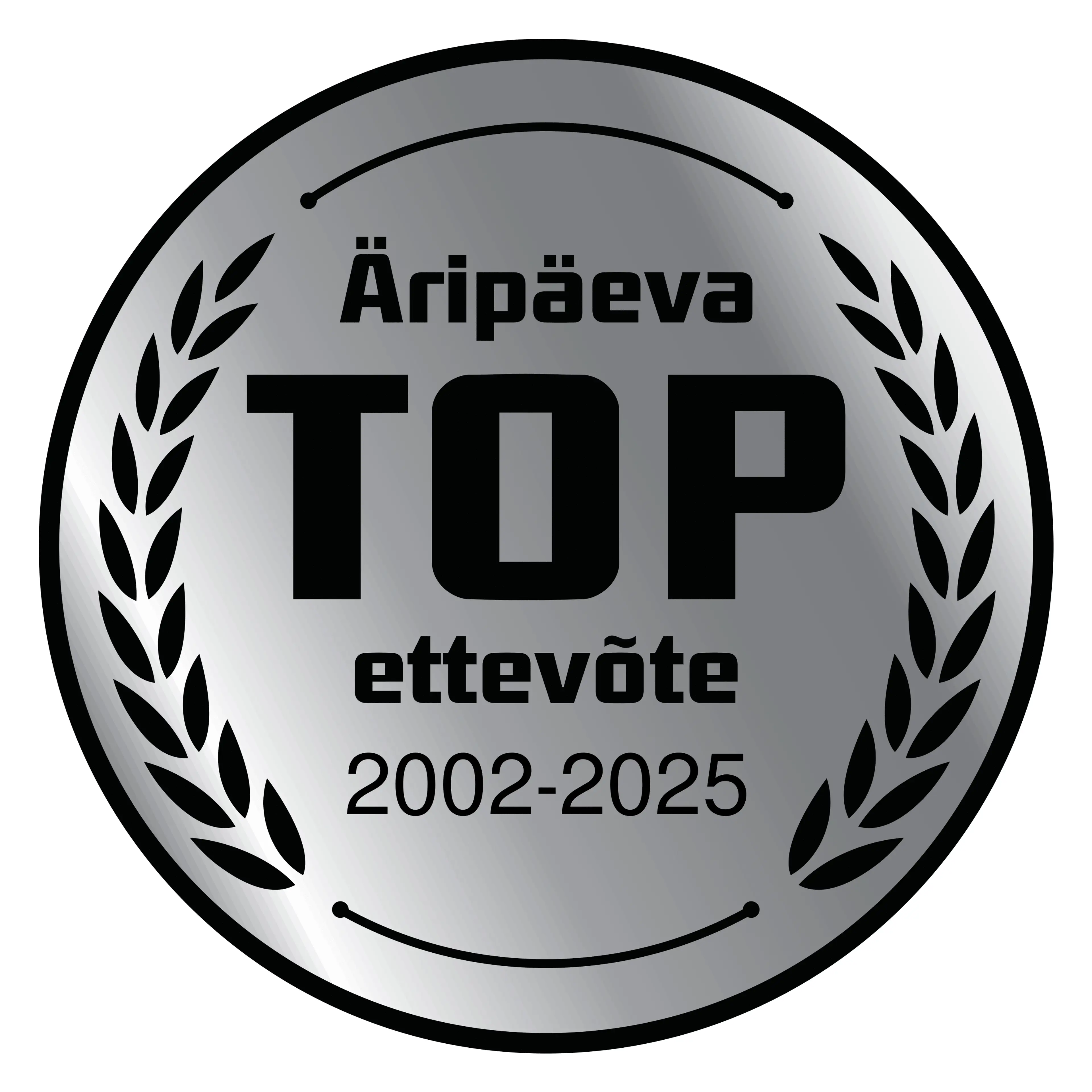 <p><strong>&Auml;rip&auml;eva TOP ettev&otilde;te 24 aastat j&auml;rjest</strong></p>
<p>M&auml;rgis t&auml;hendab, et ettev&otilde;te on oma valdkonna absoluutne tipp. J&auml;rjepidev TOPi kuulumine n&auml;itab, et ettev&otilde;te areneb pidevalt, on j&auml;tkusuutlik ja usaldusv&auml;&auml;rne. Selliste ettev&otilde;tete eesotsas on Eesti parimad juhid ja neis t&ouml;&ouml;tavad k&otilde;ige s&auml;ravamad talendid.</p>
<p>&Auml;rip&auml;ev on koostanud TOP edetabeleid juba aastast 1993. <strong>&Auml;rip&auml;eva TOP ettev&otilde;te 20-24 aastat j&auml;rjest</strong> eksklusiivsesse klubisse kuulub vaid <strong>0,02%</strong> Eesti ettev&otilde;tetest.</p>