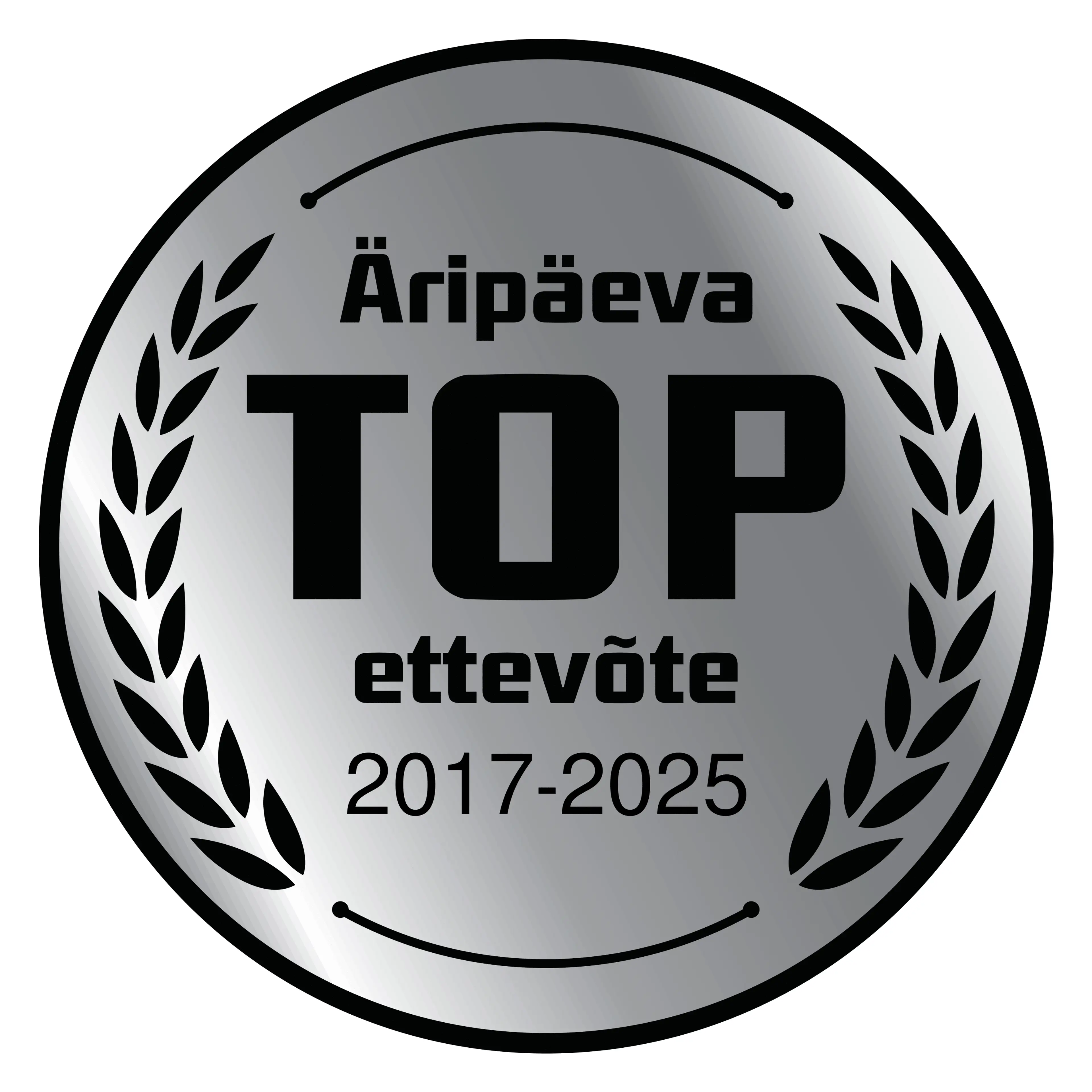 <p><strong>&Auml;rip&auml;eva TOP ettev&otilde;te 9 aastat j&auml;rjest</strong></p>
<p>M&auml;rgis t&auml;hendab, et ettev&otilde;te on oma valdkonna absoluutne tipp. J&auml;rjepidev TOPi kuulumine n&auml;itab, et ettev&otilde;te areneb pidevalt, on j&auml;tkusuutlik ja usaldusv&auml;&auml;rne. Selliste ettev&otilde;tete eesotsas on Eesti parimad juhid ja neis t&ouml;&ouml;tavad k&otilde;ige s&auml;ravamad talendid.</p>
<p>&Auml;rip&auml;ev on koostanud TOP edetabeleid juba aastast 1993. <strong>&Auml;rip&auml;eva TOP ettev&otilde;te 5-9 aastat j&auml;rjest</strong> eksklusiivsesse klubisse kuulub vaid <strong>0,32%</strong> Eesti ettev&otilde;tetest.</p>